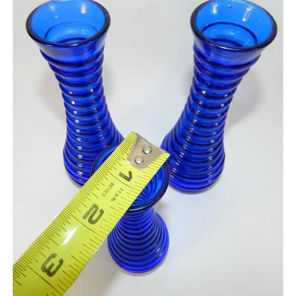 Cobalt Blue Ribbed Glass Vases Depression Glass Beehive Bud Vases Set Of 3 - Picture 5 of 13
